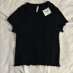 American Eagle Outfitters Black Smocked Short Sleeve Tee